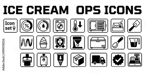 Artisan Ice Cream Frozen Dessert Icon Set Overrun Butterfat Batch Freezer Pull Temp Hardening Cabinet Mix In Fold Variegation Ribbon Soft Serve Gelato Sorbet Sherbet Badge Vector