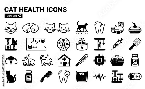 Cat Behaviour Feline Health Icon Set Slow Blink Head Bunting Whisker Position Body Condition Score Dental Resorption Hairball Litter Placement Vertical Perch Multi Cat Tension Vector