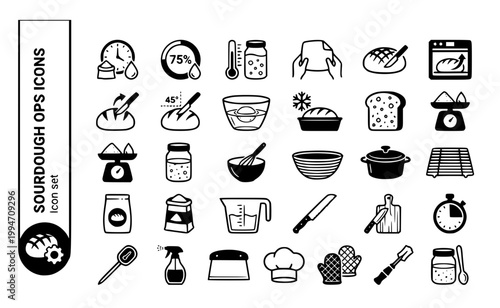 Advanced Sourdough Bread Baking Icon Set Autolyse Clock Hydration Gauge Bulk Ferment Coil Fold Crumb Score Oven Spring Ear Slash Float Test Freeze Bake Crumb Porosity Vector