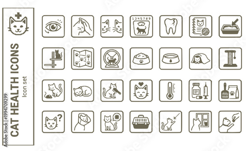 Cat Behaviour Feline Health Icon Set Slow Blink Head Bunting Whisker Position Body Condition Score Dental Resorption Hairball Litter Placement Vertical Perch Multi Cat Tension Vector