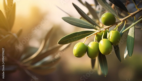 A branch of an olive tree laden with ripe green olives bathed in sunlight. Generative AI