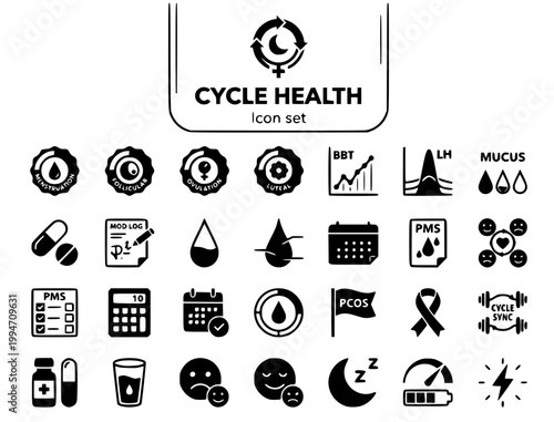 Menstrual Health & Cycle Tracking Icon Set: FemTech & Hormonal Wellness Vector