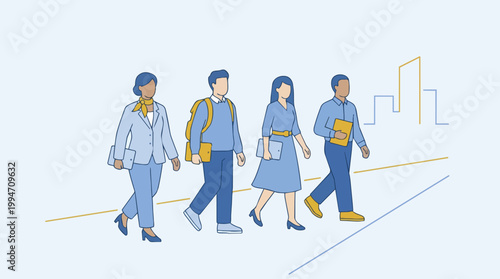 Illustration of diverse group of people walking together in a line with a minimalist cityscape background and a sense of movement and progression.