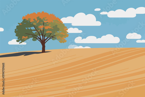 Autumn Tree on Golden Rolling Hills with Blue Sky