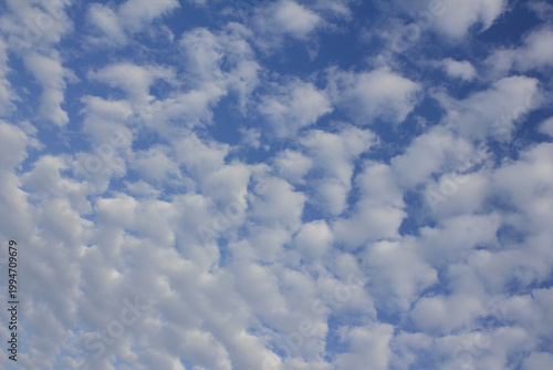 The sky is covered with fluffy clouds