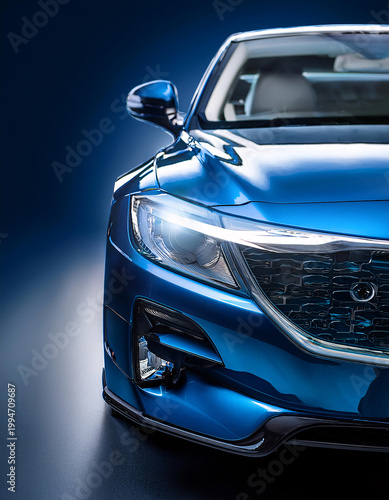 A close up view of a blue car headlight, showcasing the sleek design and modern technology of the vehicle Generative AI