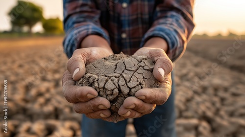 A struggling farmer holds a handful of cracked, dry soil from a failed crop, symbolizing the devastating impact of drought and climate change on agriculture.