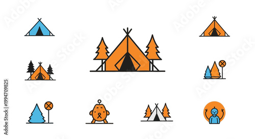 Colorful camping tent icons set.