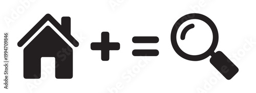 House plus equals magnifying glass icon representing home search and property finding process.
