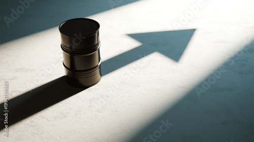 Minimalist 3D render of a black oil barrel casting a shadow in the shape of an upward arrow, representing rising fuel prices and a bullish energy market trend.