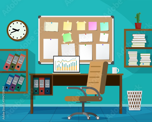 An office workspace with a desk and chair, a laptop, and a corkboard with notes. Vector illustration of the room interior.