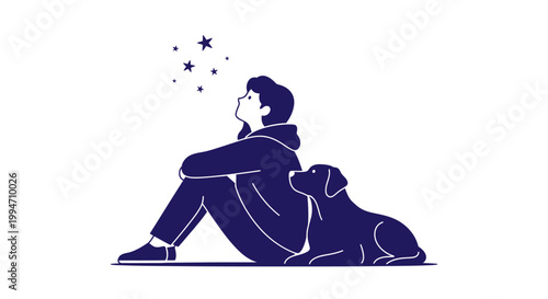 Minimalist illustration of person and dog gazing at stars