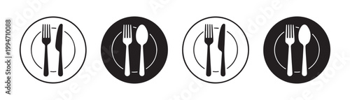 Dining cutlery icons on round plate backgrounds for restaurant app interface and food menu design collection.