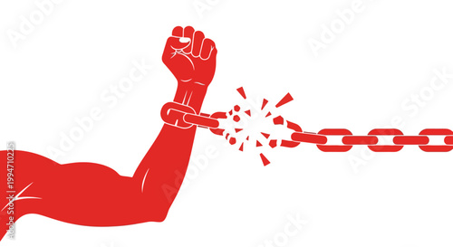 Red arm with clenched fist breaking a metal chain