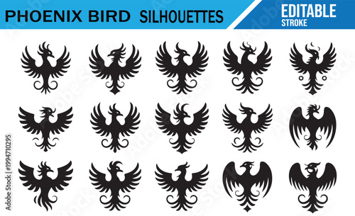 Majestic phoenix silhouette set for logo tattoo and graphic design