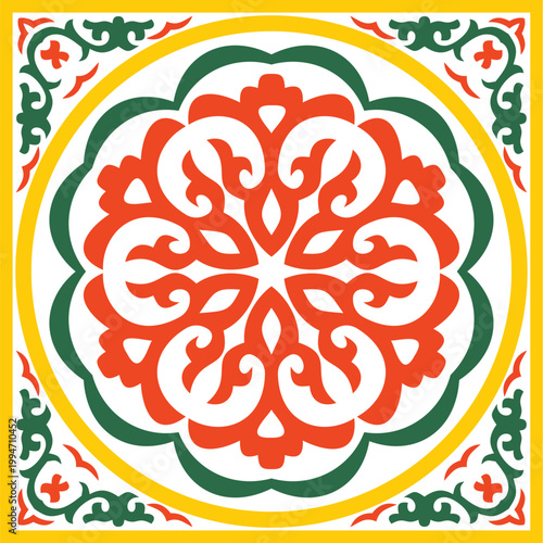 Colorful square border. Tatar national ornament. Round ethnic pattern of the Turkic peoples. Asian frame, ring, rectangle.