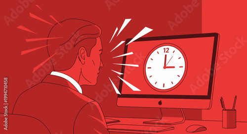 Stressed businessman watching clock on office computer monitor