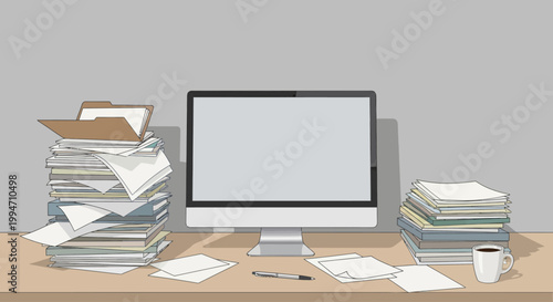 Stacks of paper office workspace clutter.