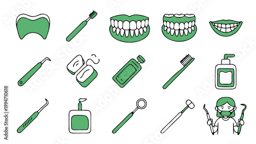 Set of 15 green and white dental on white background