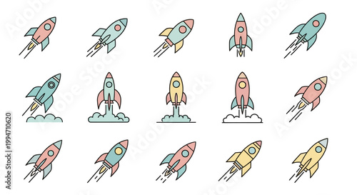 Colorful rockets in various directions.