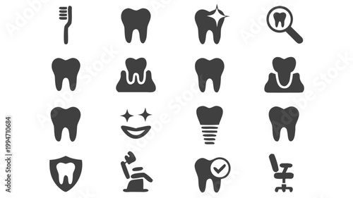 Set of 16 black dental care on white background tooth