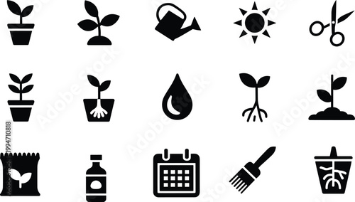 Gardening and plant care icon set, watering pruning sunlight soil growth tools, eco agriculture silhouette vector illustration collection design