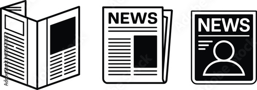 Newspaper and news media icon set, press journalism articles headlines magazine publication, information line vector illustration collection design
