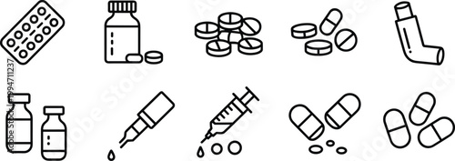 Pharmaceutical medicine icon set, pills capsules syringe inhaler bottles, healthcare treatment drugs, pharmacy line vector illustration collection design