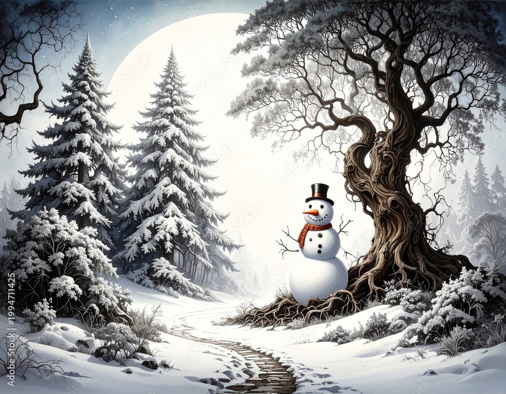 Fototapeta premium beautiful border frame of winter concepts with snowman, trees, winter concepts with blank copy space background