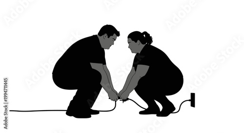 Two People Connecting Electrical Cord Silhouette on White Background.
