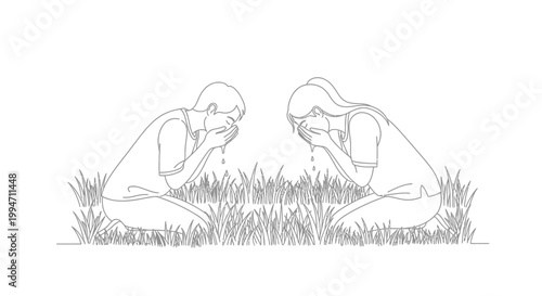 Two People Crying in Sorrow, Grief, and Sadness in the Grass.