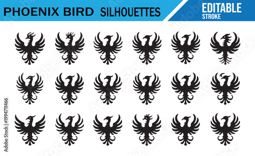 Phoenix bird icon set with elegant black fantasy winged symbols