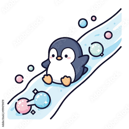Cute cartoon penguin sliding down an icy slope.