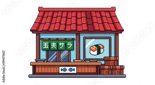 A charming pixel art vector illustration of a traditional Japanese sushi shop featuring a vibrant red tiled roof and a colorful storefront.