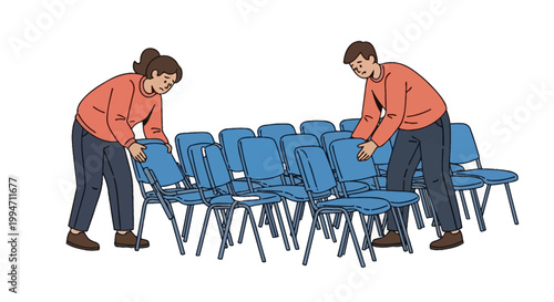 Two People Arranging Blue Chairs for an Event or Meeting.