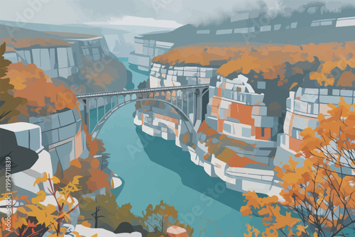 Bridge Over River in Autumn Cliff Landscape