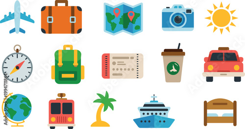 Travel and tourism icon set, airplane suitcase map camera sun backpack ticket car cruise bed, vacation flat vector illustration collection