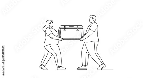 Two People Carrying a Large Metal Box Together.