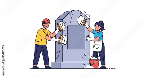 Two People Cleaning a Large Stone Monument with Brushes.