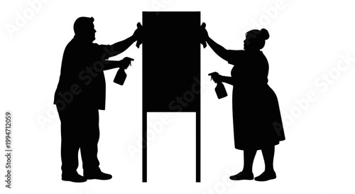 Two People Cleaning a Signboard with Spray Bottles, Silhouette Style.