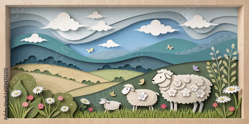 Paper cut landscape with sheep family in rolling hills and flowers landscape outdoors countryside butterflies illustration peaceful pastoral beautiful colorful