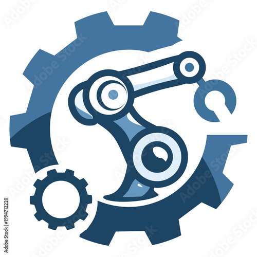 Industrial robotic arm icon inside a gear, representing automation, mechanical engineering, and smart manufacturing