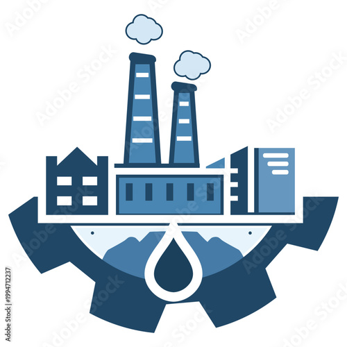 Industrial factory icon featuring smokestacks and a gear with an oil drop