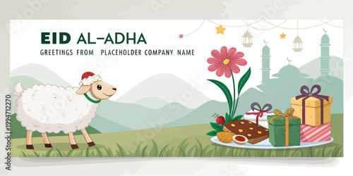 Eid al-adha greeting card with sheep and mosque illustration islamic holiday feast of sacrifice holy day middle east muslim celebration lanterns illustration celebration festival traditional