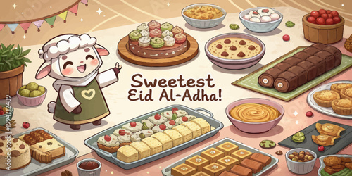 Cute sheep character celebrating eid al-adha with a festive food spread celebration traditional gathering character illustration homemade delicious pastries decoration colorful greetings