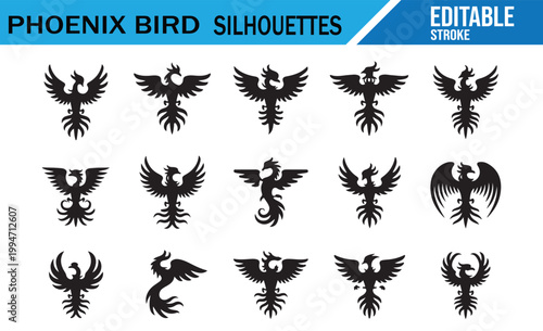 Black phoenix bird silhouettes set isolated on white background