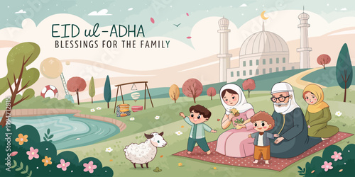 Eid ul adha family celebration vector illustration with celebration blessings children grandparents religion playground illustration festival tradition community gathering happiness