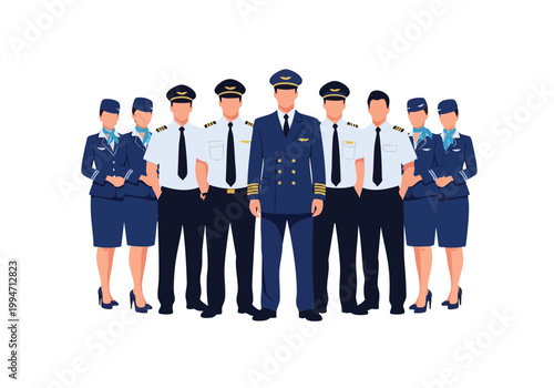 Crew uniform vector, portraying a team of airline pilots and flight attendants in formal clothes
