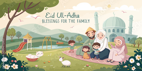 Eid ul adha family gathering in park vector illustration with gathering children religion playground illustration festival tradition community happiness sacrifice outdoors stylized