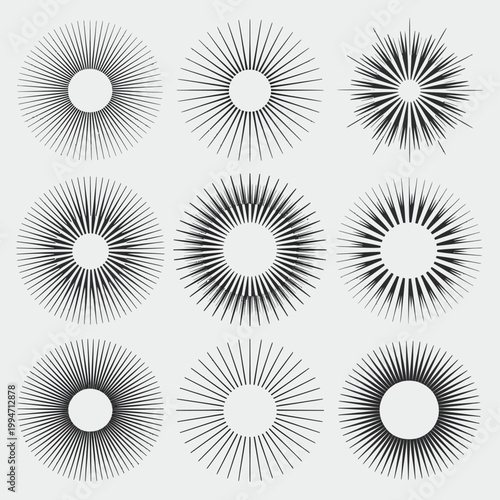 Abstract sunburst radial lines set geometric circular burst shapes vintage monochrome design elements decorative starburst vector collection isolated background